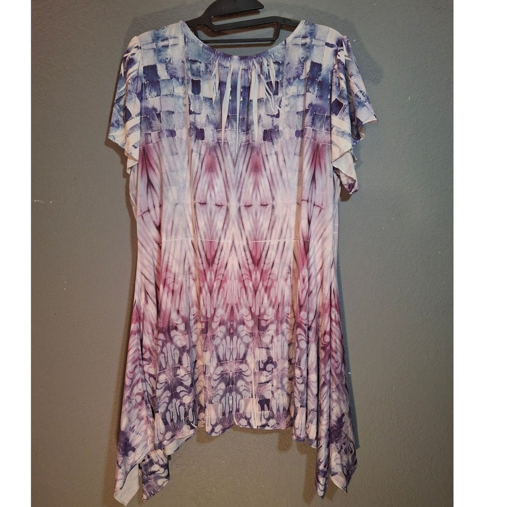 World Unity Woman Purple Tie Dye Crochet Neck Sharkbite Hem Tunic Top 0X - Picture 3 of 5